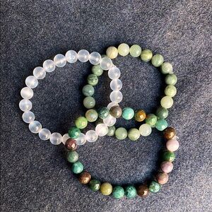 Hand crafted trio of stone stretch bracelets.